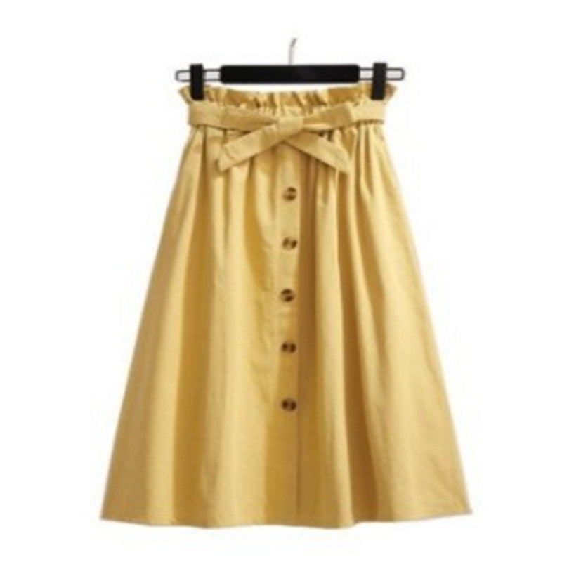 Elegant Button High Waist Skirt Female Pleated Skirt