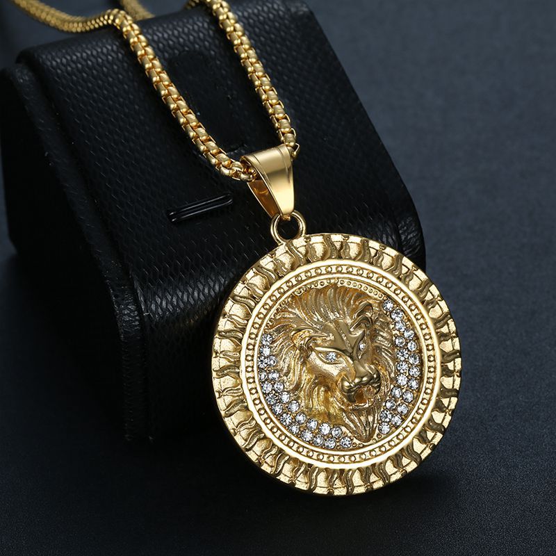 Stainless Steel Vacuum Gold Plated Dotted Diamond Flame Pattern Lion Head Pendant Necklace