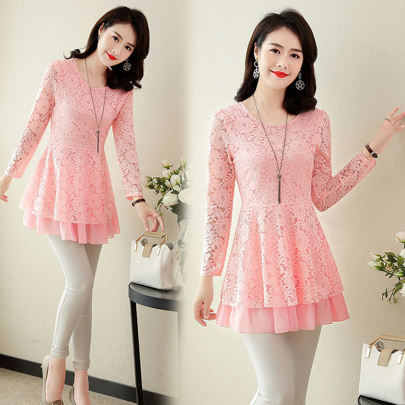 Mid-length Waist Waist Top Slimming Lace T-shirt