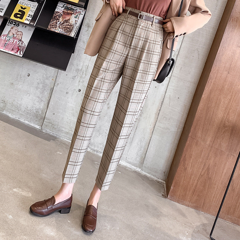 Plaid Casual Pants Women Loose British Style Nine Points