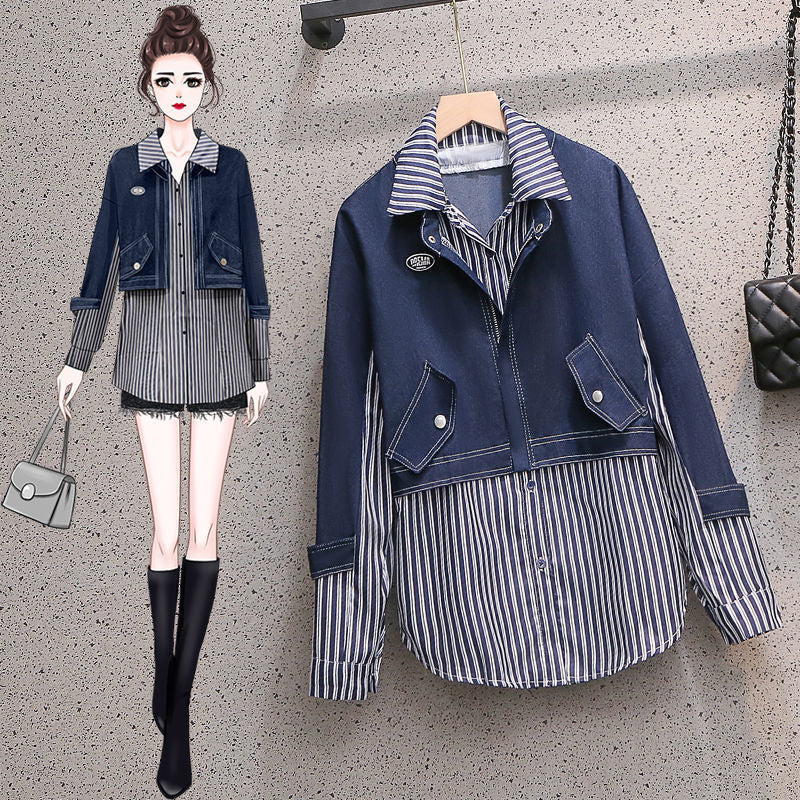 Casual Denim Jacket Fake Two-piece Suit Women