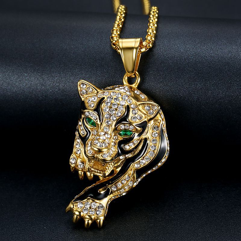 Gold-plated Oil Drop Rhinestone Leopard Head Pendant Necklace