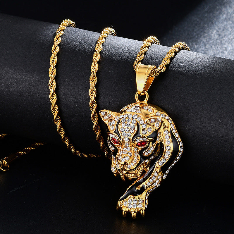 Gold-plated Oil Drop Rhinestone Leopard Head Pendant Necklace