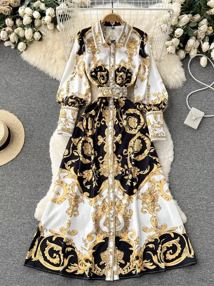 2022 Fashion Runway Baroque Maxi Dress Women Long Lantern Sleeve Buttons Down Golden Flower Print Elegant Belt Party Vestidos