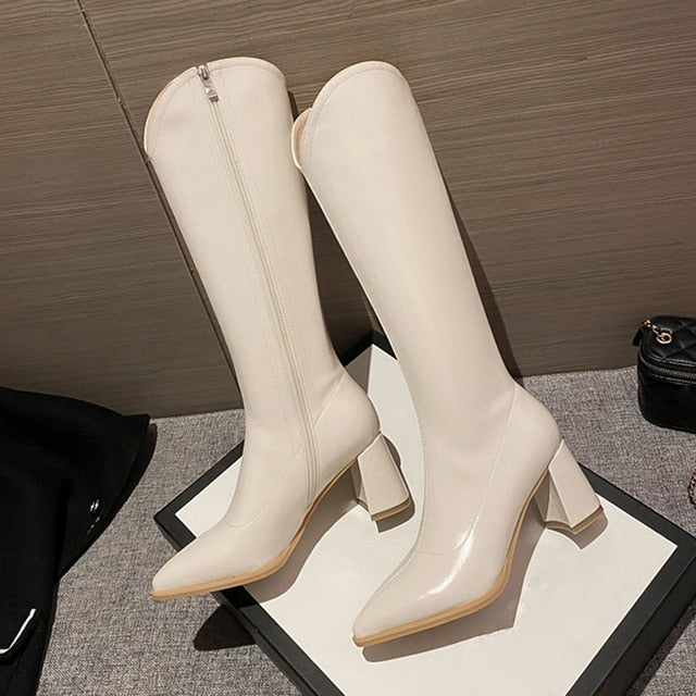 2022 Patent Leather Knee High Boots Women Side Zipper Chunky Heel Shoes Pointed Toe Long Boots White High Boots Winter Autumn