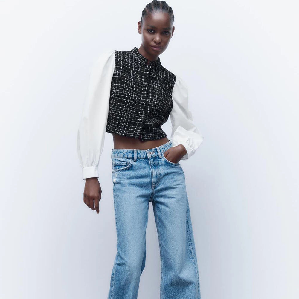 2022 fall new women's fashion stand-up collar single-breasted plaid texture stitching long-sleeved shirt