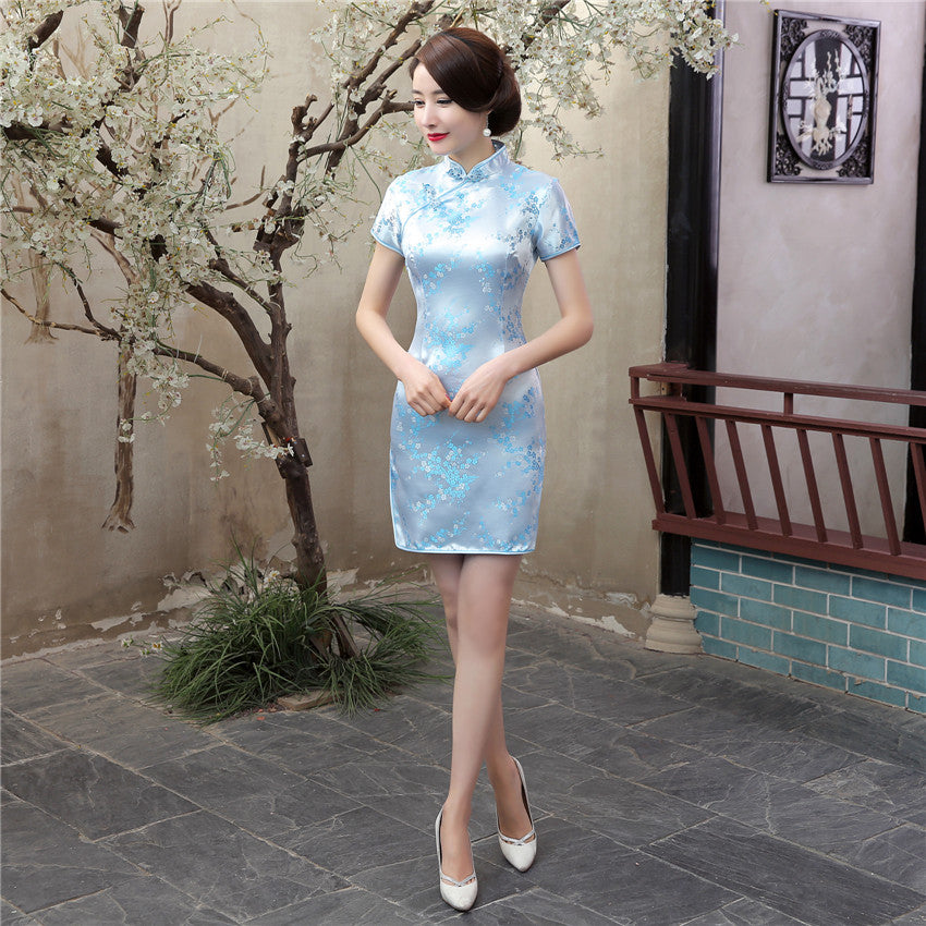 Women's plum blossom short cheongsam modified traditional Chinese style robe dress