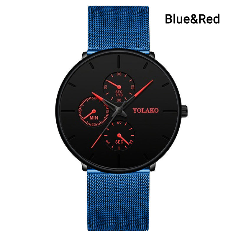 Foreign Trade Hot Sale Men's Alloy Mesh Strap Watch Fake Three-eye Three-needle