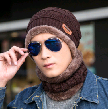 Autumn and winter men's knitted wool hat plus velvet thickening head [hat + bib] two-piece suit