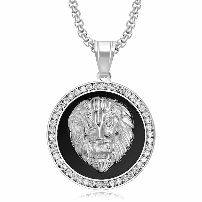 Titanium-steel Gold-plated Micro-inlaid Zircon Lion Head Pendant Necklace