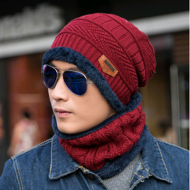 Autumn and winter men's knitted wool hat plus velvet thickening head [hat + bib] two-piece suit