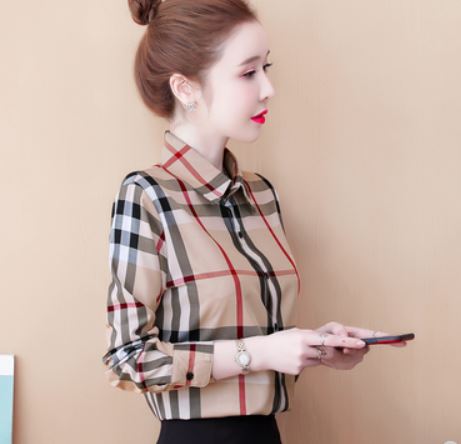 2021 spring and autumn new Korean plaid chiffon shirt, fashion inner long-sleeved shirt, foreign temperament cover belly shirt