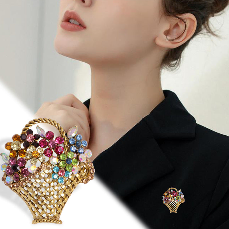 Cute creative flower basket brooch women suit