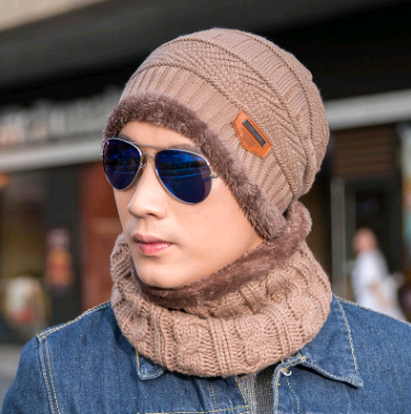 Autumn and winter men's knitted wool hat plus velvet thickening head [hat + bib] two-piece suit