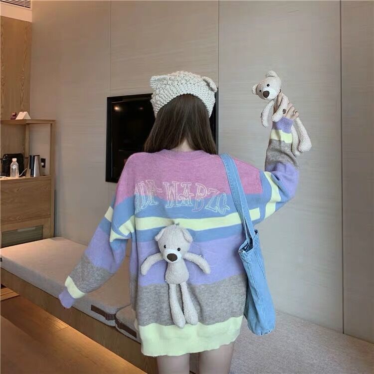 Cute Bear Rainbow Striped Loose Sweater