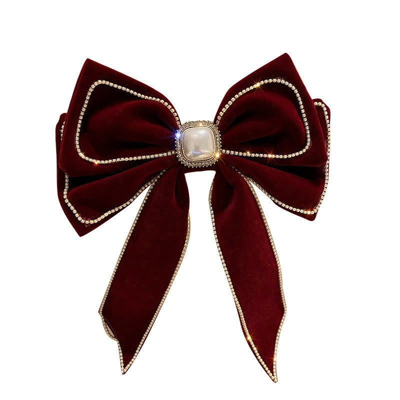 Velvet Diamond Pearl Bow Hairpin Korean Fashion