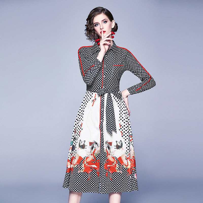 Fashion Printed Long-sleeved Waist Waist Mid-length Western-style Dress