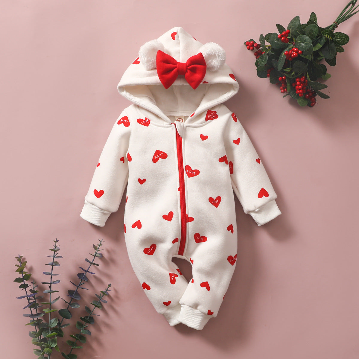 Love Printed Bow Hooded Fleece Romper