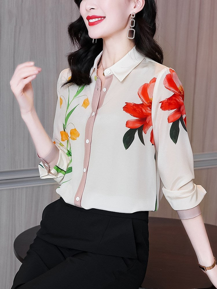 Floral silk shirt women's slim long-sleeved spring 2021 new fashion wild loose high-end silk blouse