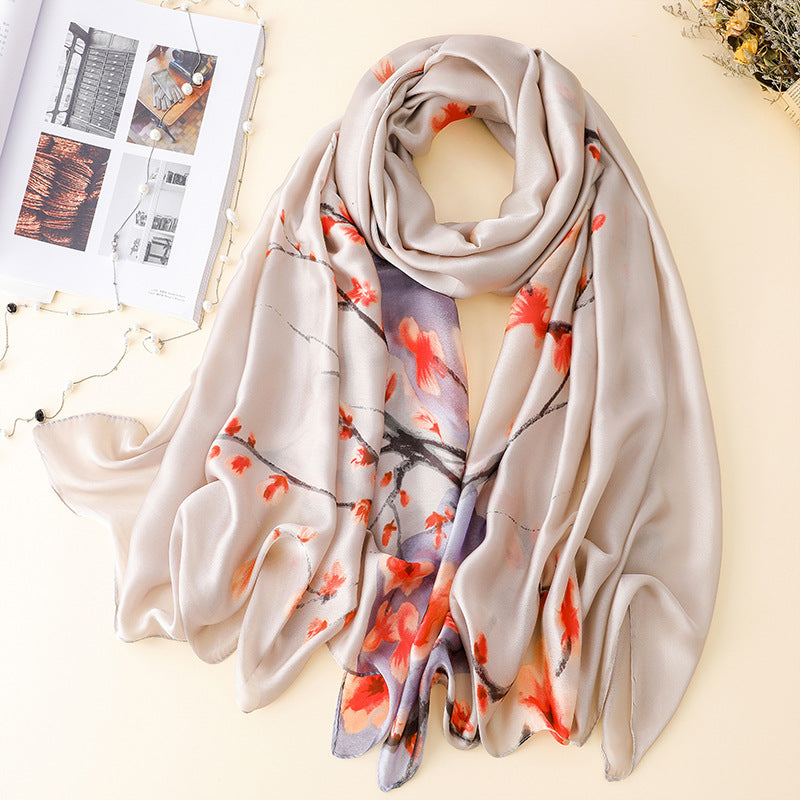 Scarf Ladies Versatile Ginkgo Leaf Long Sunscreen Silk Scarf Dual-Use Warm Shawl