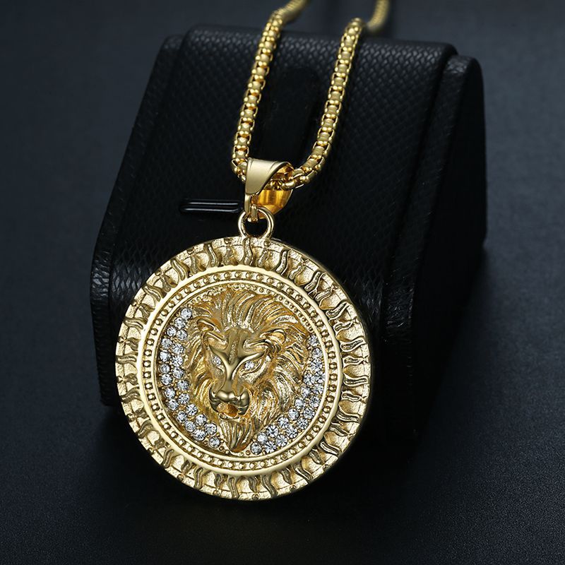 Stainless Steel Vacuum Gold Plated Dotted Diamond Flame Pattern Lion Head Pendant Necklace