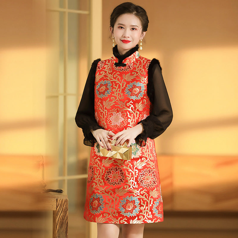 Chinese Style Brocade Guanyin Flower Rabbit Fur Stitching Thick Sleeveless Cheongsam