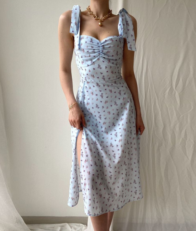 European And American New Style Light Blue Sexy Strappy Dress With Waist Side Slits