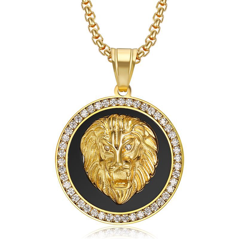 Titanium-steel Gold-plated Micro-inlaid Zircon Lion Head Pendant Necklace