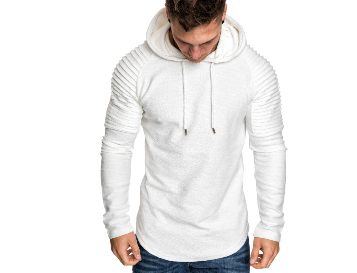 Men's round neck slim solid color hooded long-sleeved t-shirt striped pleated raglan sleeves