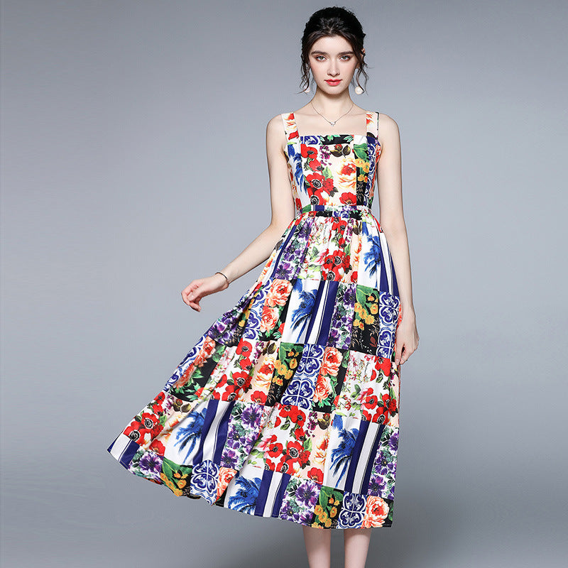 Printed One-shoulder Halter Dress