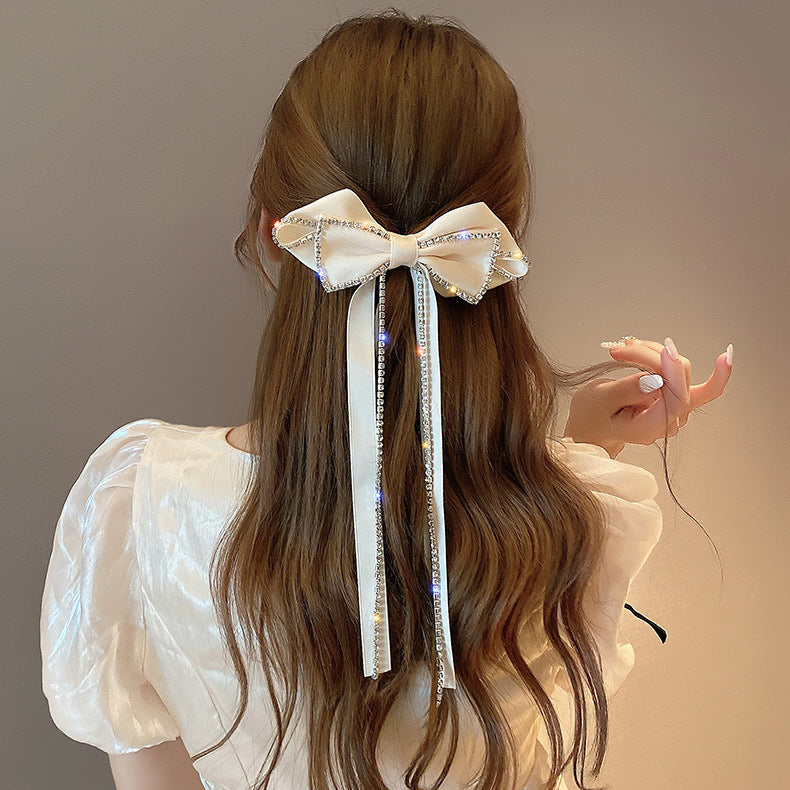 Bow Rhinestone Headband Tassel Hair Clip Black