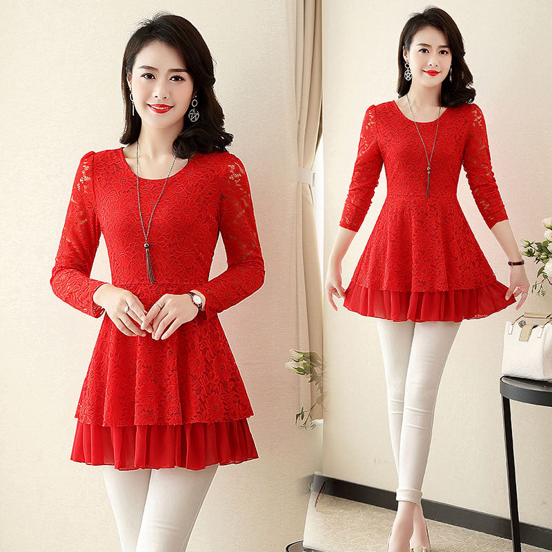 Mid-length Waist Waist Top Slimming Lace T-shirt