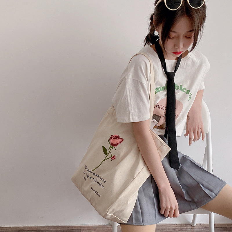 Literary Fan Rose Embroidered Casual Canvas Bag