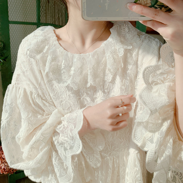 Loose Balloon Sleeve French Lace Dress