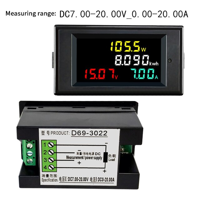 4 in 1 DC voltmetre ampermetre güç enerji ölçer DC 7.0-20.0V/DC 14.0-600.0 V 0.01-100A HD renkli ekran 180 derece kusursuz LED