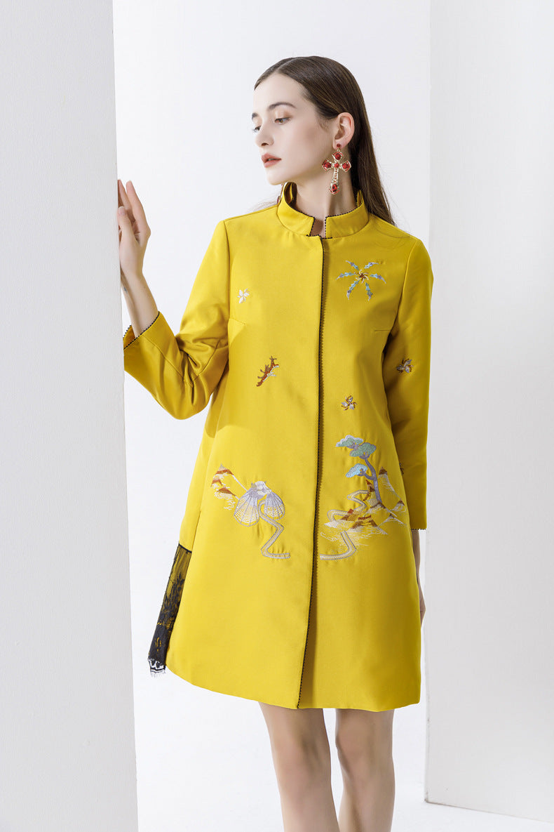 Autumn And Winter Silk Wool Stitching Lace Hit Lace Big Embroidered Mid-length Coat