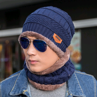 Autumn and winter men's knitted wool hat plus velvet thickening head [hat + bib] two-piece suit