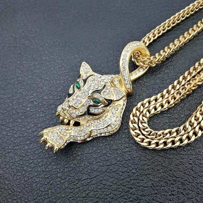 Tiger Head Pendant With Green Eyes And Diamonds