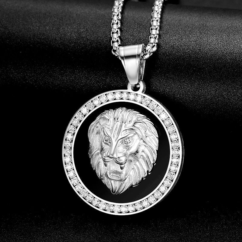 Titanium-steel Gold-plated Micro-inlaid Zircon Lion Head Pendant Necklace