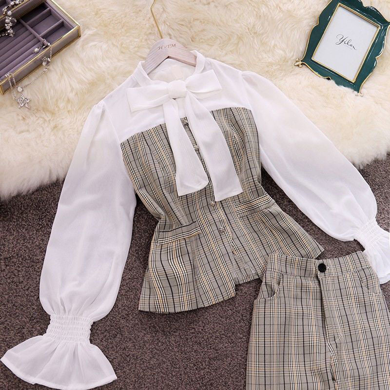 Splicing Plaid Top High Waist Casual Pants Two-piece Trendy