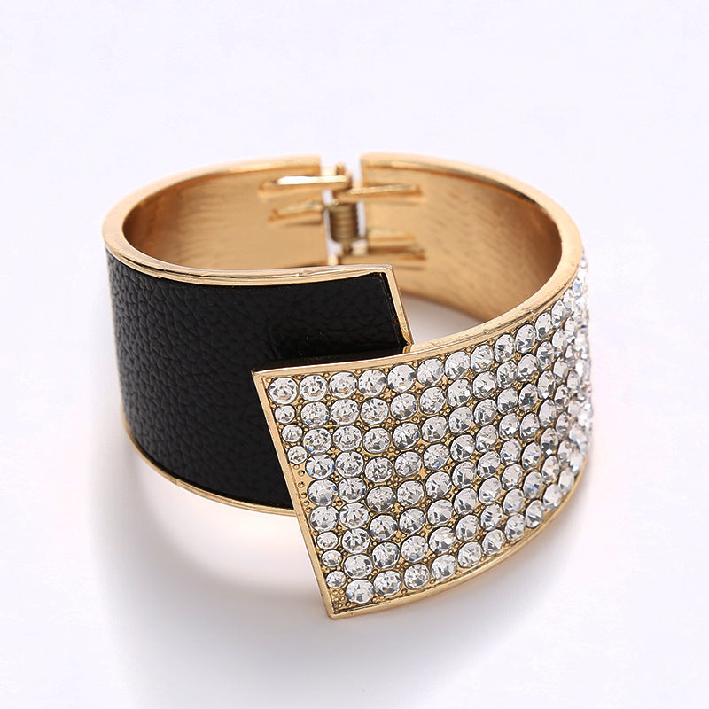 Asymmetrical Alloy Inlaid Rhinestone Leather Bracelet