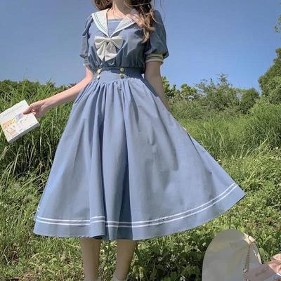 Summer new Japanese sailor uniform short-sleeved sweet doll collar dress female student college wind mid-length skirt