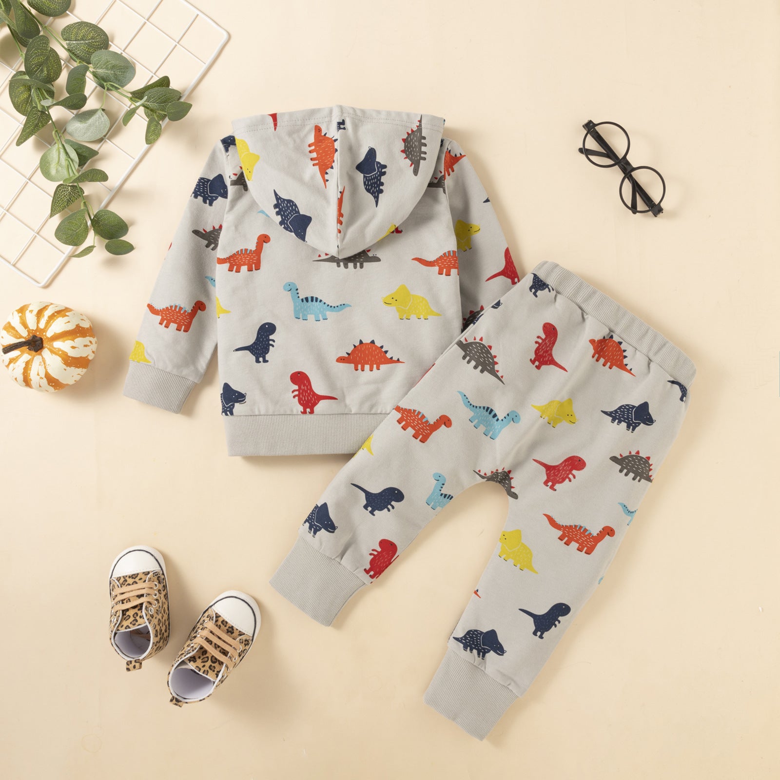 Autumn And Winter Dinosaur Print Long-sleeved Trousers And Hooded Sweater Set