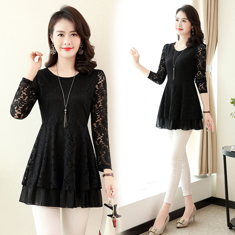 Mid-length Waist Waist Top Slimming Lace T-shirt