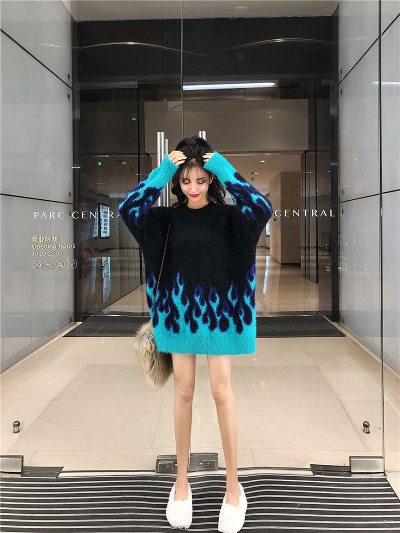 Flame pattern loose sweater women + stockings two-piece suit