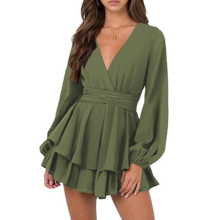 Women's Solid V-Neck Long Sleeve Belt Ruffle Hem Dress