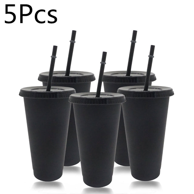 5Pcs 473ml/700ml Black Reusable Plastic Water Bottle Cold Cup With Lid And Straw Magic Tumbler Personalized Tumbler Coffee Mug