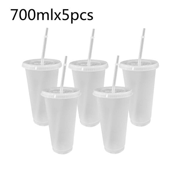 5Pcs 473ml/700ml Black Reusable Plastic Water Bottle Cold Cup With Lid And Straw Magic Tumbler Personalized Tumbler Coffee Mug