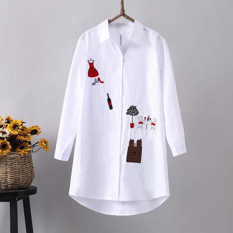 Pure Cotton Mid-length Literary Embroidery Embroidered Shirt Women's Long-sleeved Korean Loose Bottoming Shirt