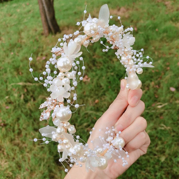 Deng Thick Bridal Pearl Flower Headband Hand-woven Golden Leaf Headdress